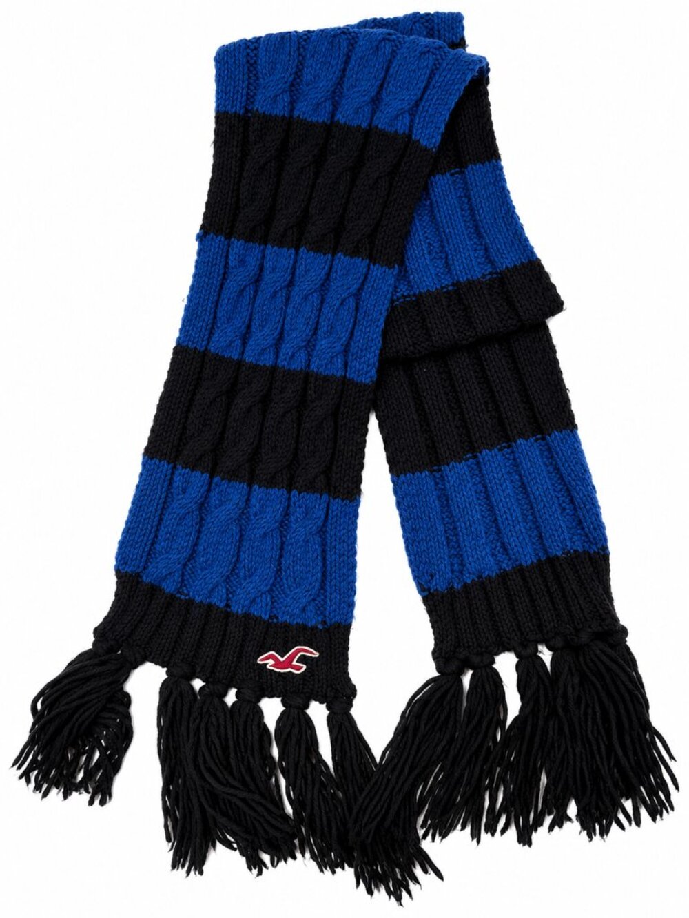 Hollister Blue & Black Cable Knit Striped Scarf with Fringe